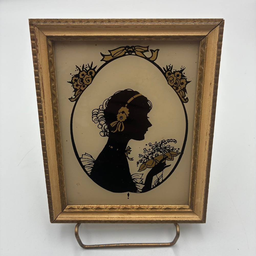Vintage Reverse Glass Silhouette Art Gold Foil Woman Portrait Gold Wood Frame